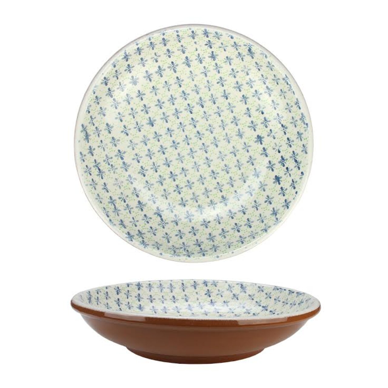 Kaemingk 12.25" French Countryside Decorative Green and Blue Flower Round Terracotta Bowl